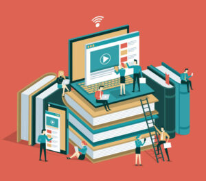 Flat isometric vector concept of online education, e-learning, webinar, training